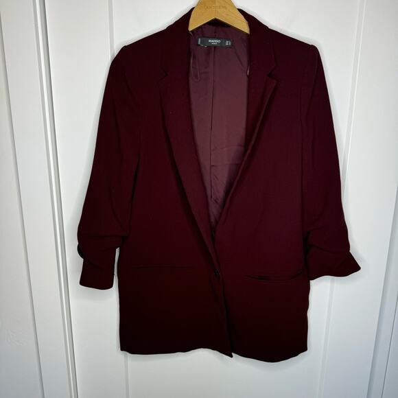 Mango Burgundy Wine Single Button Oversized Blazer Jacket Shoulder Pads Size XS - Picture 2 of 6